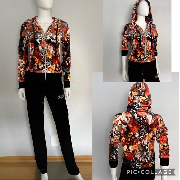 NWT WOMEN VELOUR TRACKSUIT SET JACKET/BLACK PANTS FLORAL PRINT LOUNGEWEAR HOODED - Picture 1 of 11